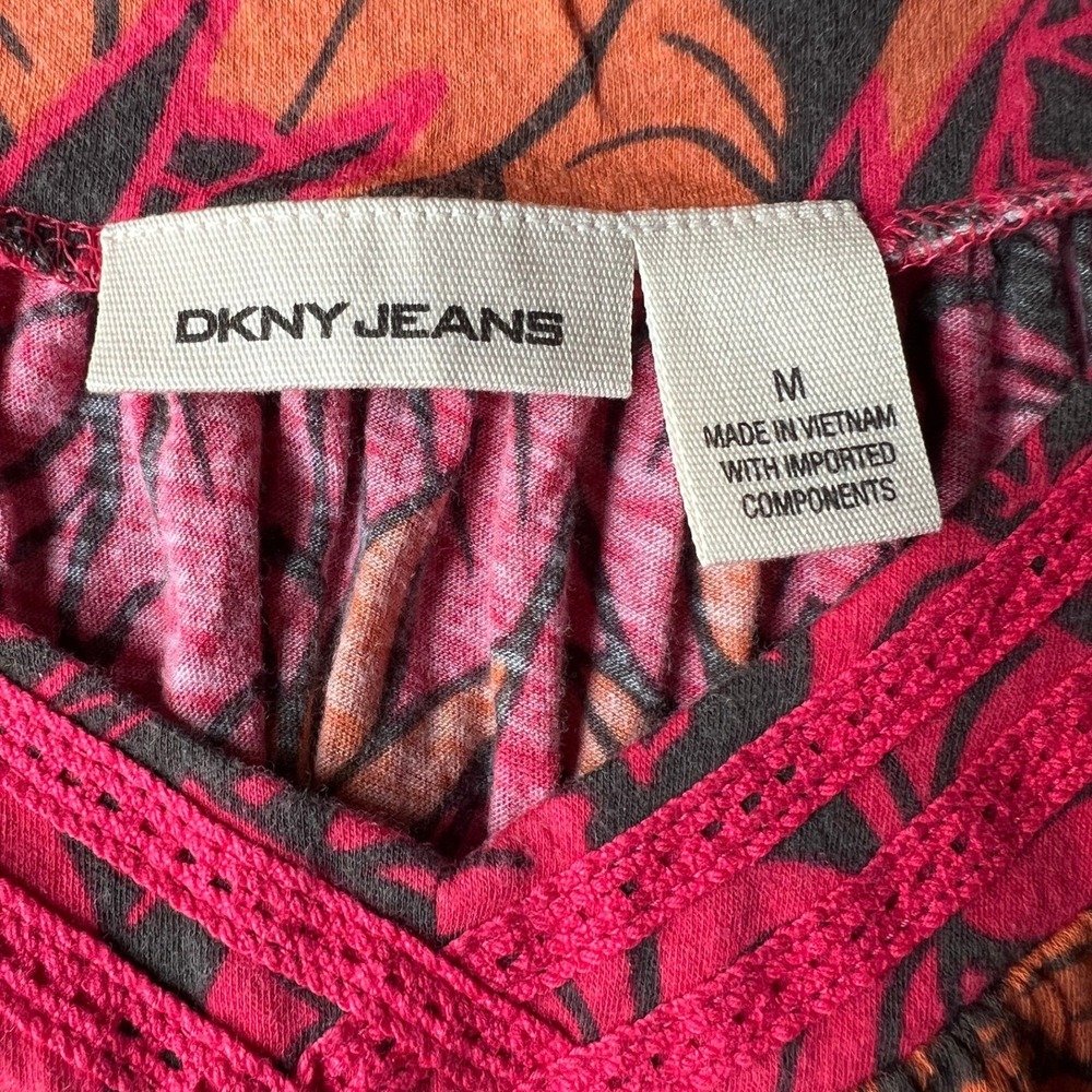 DKNY Jeans Womens Floral Smocked Babydoll Top Orange Pink V-Neck Blouse Size M - Picture 7 of 7